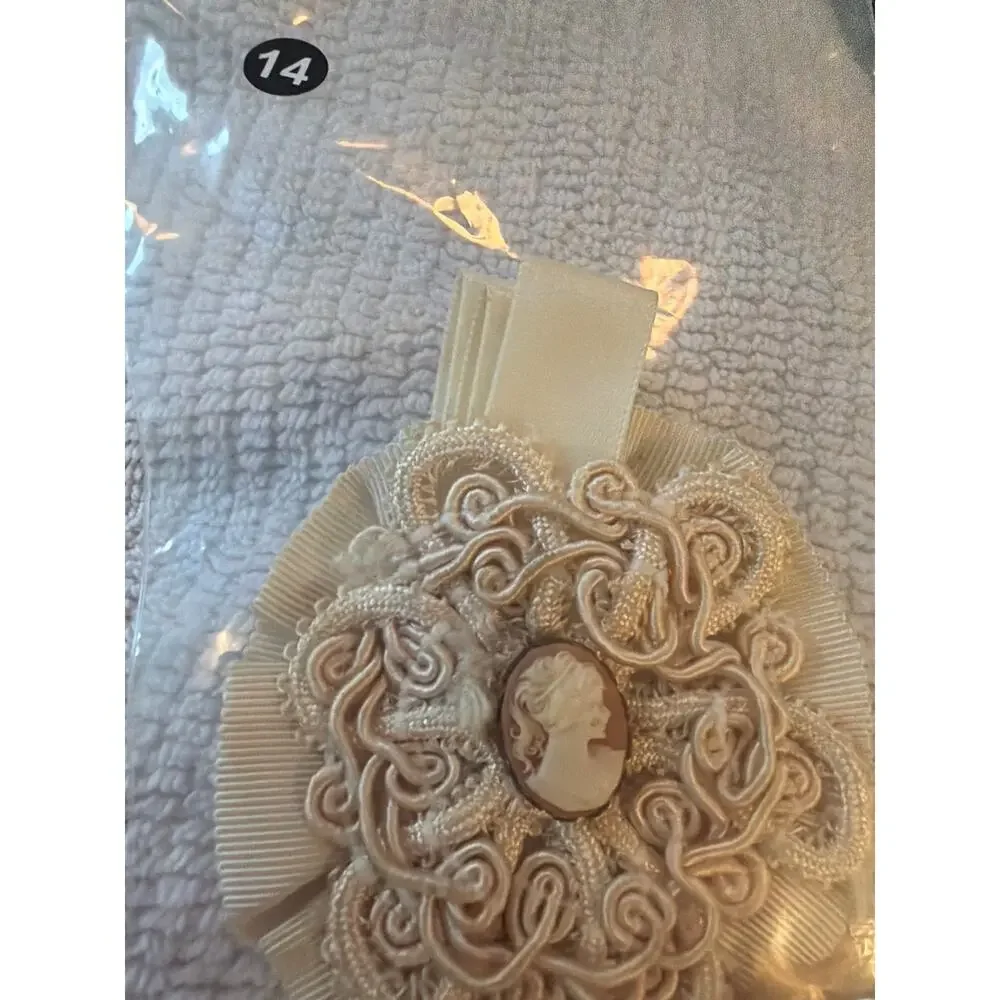 Vintage Cameo Lace Ribbon Brooch Victorian Style Dangle Faux Pearl Pin Ivory
